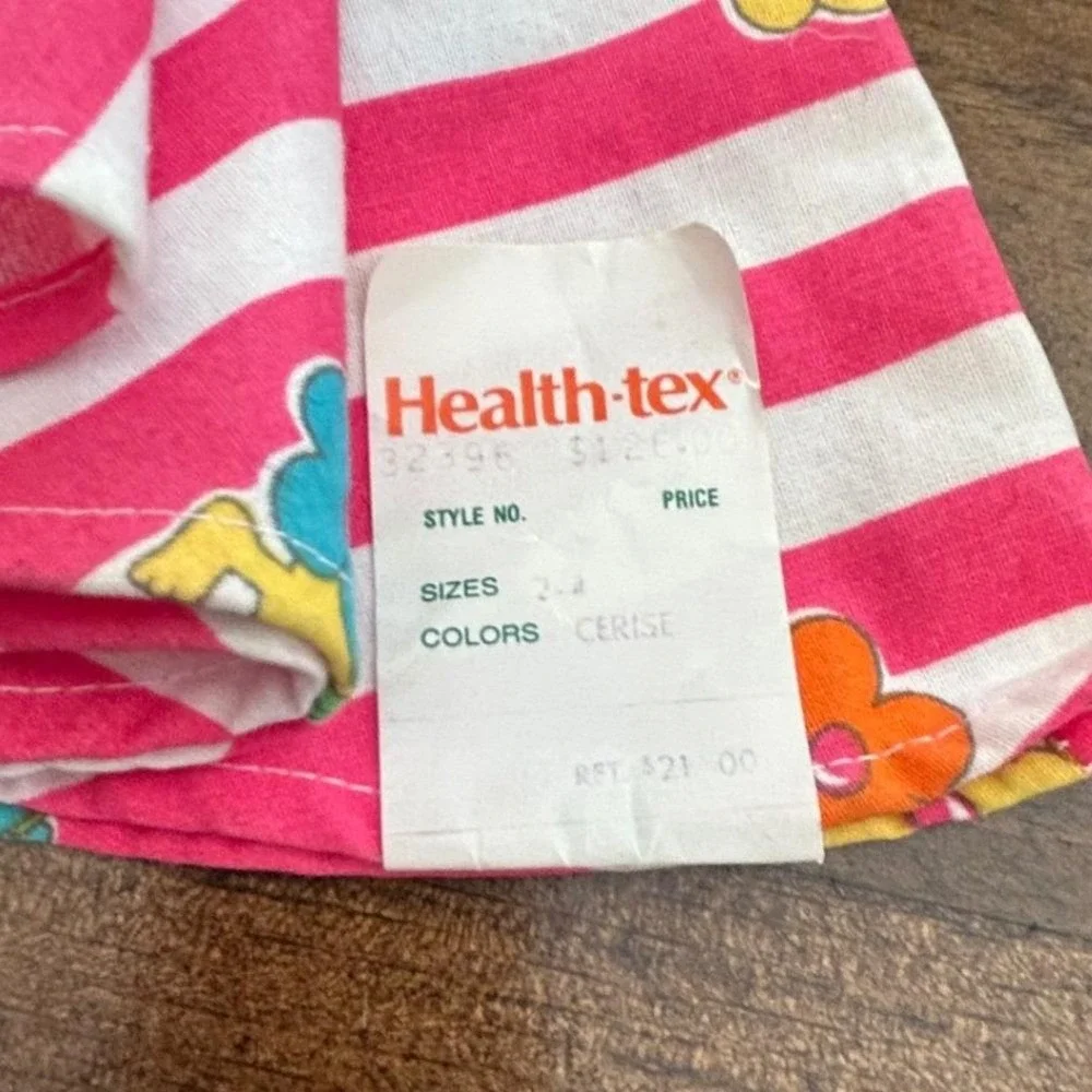 Vintage Health-tex Toddler Girls 2T Pink White Stripe Flower‎ Belted Shirt Dress